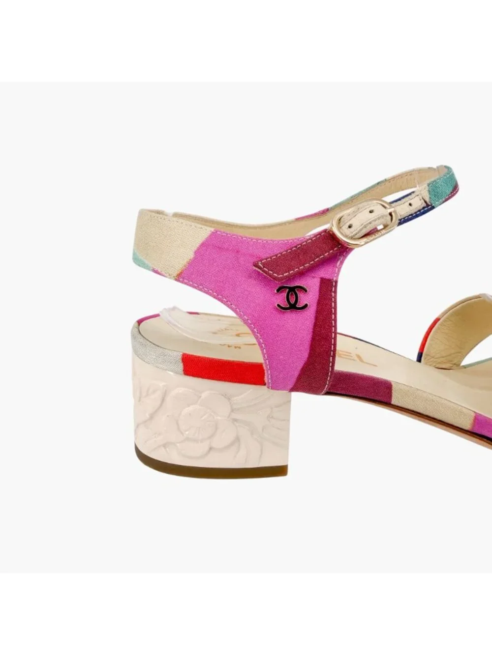 Chanel CC Patchwork Canvas Flower Block Heel Sandals Size 40 US 9-9.5 Multicolor